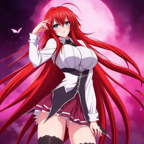 anime artwork a full body redhair woman, large breast,  cleavage, very long hair, kneehighs, white shirt , one eye closed, tongue<lora:RiasGremory1024_r2:0.8> . anime style, key visual, vibrant, studio anime,  highly detailed