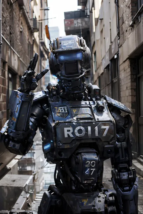 Chappie768, robot,  looking at viewer, playful pose, arm raised, waving, upper body shot, 
outside, city alleyway, extreme detail, hdr, realistic quality, analog,  <lora:Chappie768-000350:.7>