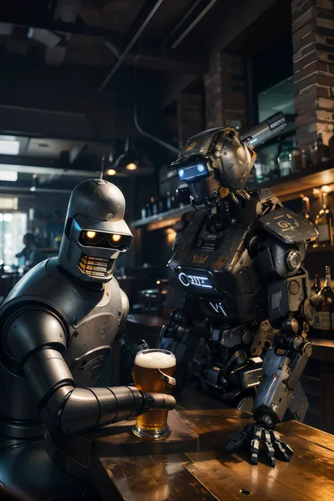 there are two men, a robot and a woman sitting in a bar, cinematic still from westworld, by Laurie Lipton, steampunc, robots queuing for ice cream, photography 2022, wild west, animation screenshot, 2 0 2 2 photo , 1 8 7 0 , adamantium, the year 2089, beautiful robot character design --auto --s2