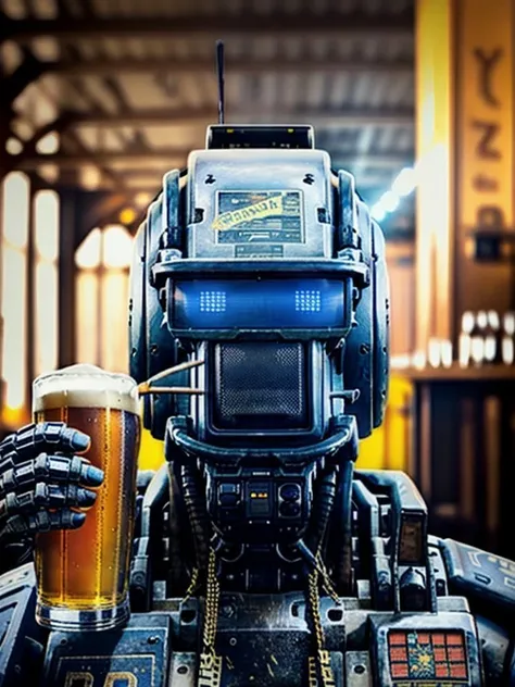 A robot with a brain melting with beer, with the colors yellow and purple in a coffee plantation