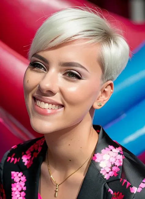 portrait of skswoman, happy, wearing satin , with white Asymmetrical haircut , background bouncy castle epic (photo, studio lighting, hard light, sony a7, 50 mm, matte skin, pores, colors, hyperdetailed, hyperrealistic), <lyco:Scarlett Johansson:1.0>