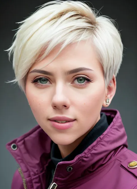 portrait of skswoman, happy , wearing outerwear , with pink Shag haircut , background war epic (photo, studio lighting, hard light, sony a7, 50 mm, matte skin, pores, colors, hyperdetailed, hyperrealistic), <lyco:Scarlett Johansson:1.1>