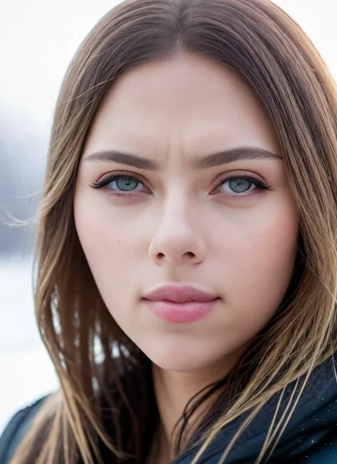 portrait of skswoman, lonely , wearing beaded , with dark blonde Long layers , background winter epic (photo, studio lighting, hard light, sony a7, 50 mm, matte skin, pores, colors, hyperdetailed, hyperrealistic), <lyco:Scarlett Johansson:1.1>