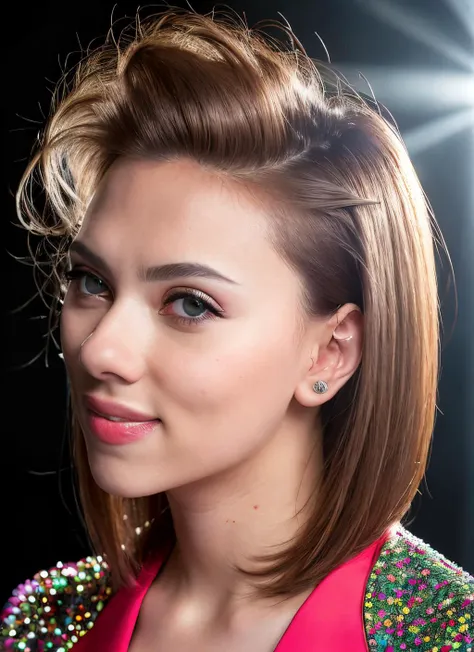 portrait of skswoman, happy, wearing haute couture garments , with ash brown Straight hair , background wrestling ring epic (photo, studio lighting, hard light, sony a7, 50 mm, matte skin, pores, colors, hyperdetailed, hyperrealistic), <lyco:Scarlett Johansson:1.2>