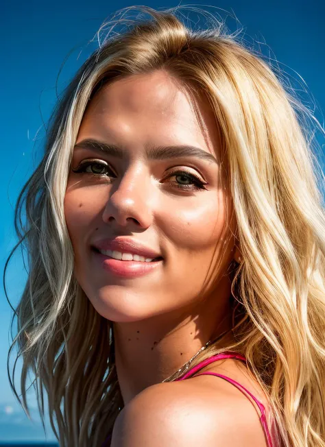 portrait of skswoman, happy, wearing custom-made , with blonde hair , background beach, epic (photo, studio lighting, hard light, sony a7, 50 mm, matte skin, pores, colors, hyperdetailed, hyperrealistic), <lyco:Scarlett Johansson:1.1>