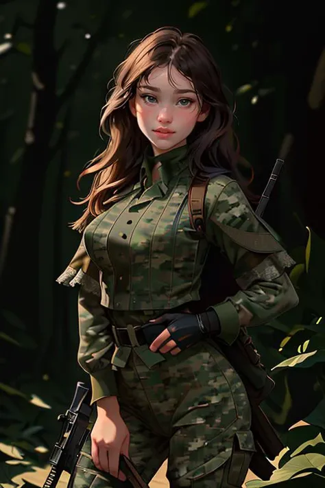 A Western female soldier, hair tied up, three-dimensional features, long face, cold eyes, high nose, full lips, thick face, serious expression, solemn, thin and tall figure, standing tall, wearing a military uniform and a military hat; The whole is clean and tidy;