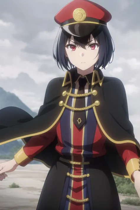 detectivehel, <lora:detective hel s1-lora-nochekaiser:1>,
hel, short hair, bangs, black hair, (red eyes:1.3), gradient hair,
BREAK hat, pantyhose, necktie, cape, uniform, black pantyhose, military, military uniform, peaked cap, black necktie, military hat, black cape,
BREAK outdoors,
BREAK looking at viewer, dynamic pose,
BREAK <lyco:GoodHands-beta2:1>, (masterpiece:1.2), best quality, high resolution, unity 8k wallpaper, (illustration:0.8), (beautiful detailed eyes:1.6), extremely detailed face, perfect lighting, extremely detailed CG, (perfect hands, perfect anatomy),