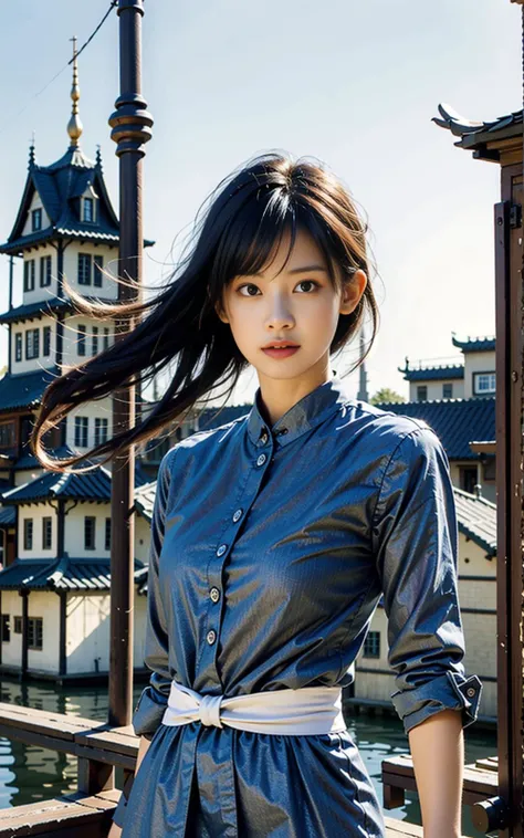 1girl, waist up,beautiful lighting, best quality, masterpiece, ultra highres, photorealistic,(floating city:1.4), <lora:Jun3:0.8>, (china dress:1)