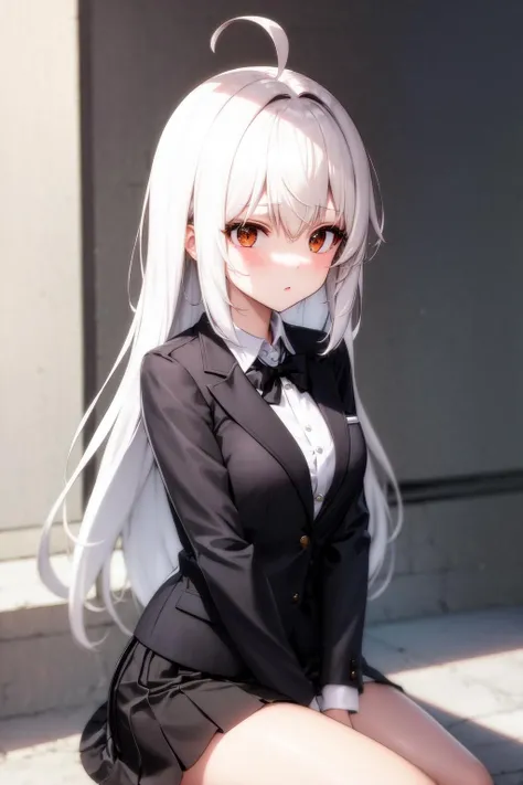 masterpiece, best quality, highres, 1girl ninym ralei hair bobbles ahoge <lora:ninym_ralei_no_outfit:1> white shirt black jacket, suit, skirt, sitting