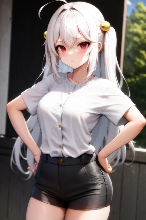 masterpiece, best quality, highres, 1girl ninym ralei hair bobbles ahoge <lora:ninym_ralei_no_outfit:1> hand on hip, standing, white shirt