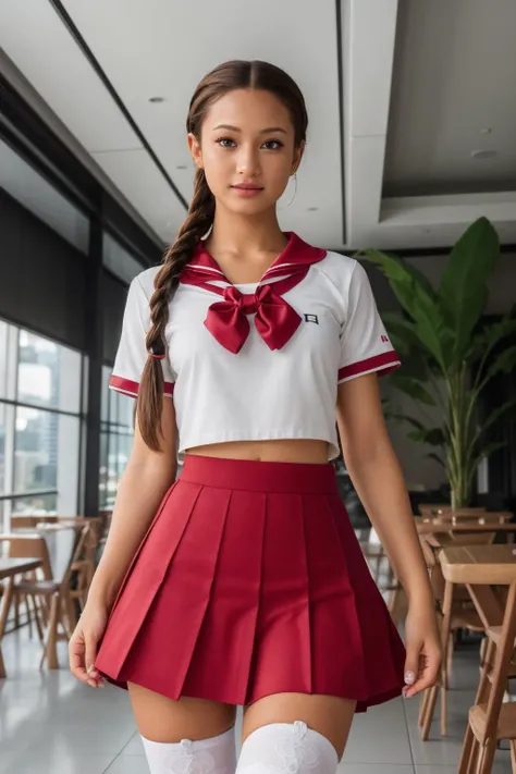 (Stock Photography, Award Winning) DV_Cherice_Vicious is (skinny), (A chic, minimalist coffee shop with large, floor-to-ceiling windows and modern design elements) (wearing school uniform, pleated skirt, thighhighs) (Braided topknot) by Steve McCurry, 35mm, F/2.8, ((Photo Focus, DOF, Aperture, insanely detailed and intricate, character, hypermaximalist, beautiful, revealing, appealing, attractive, amative, hyper realistic, super detailed))(DOF, blurry background), Content facial expression <lora:School Uniform By Stable Yogi:0.8>