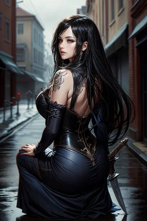 (best quality, masterpiece), realistic, (perfect detailed face), detailed bright eyes, good lit detailed skin, 1girl, (curvy),  gothic streets, holding a sword, (dim:0.5), rainy, (low key:0.5), very long skirt, sexy squatting from back pose, snha  <lora:epi_noiseoffset2:0.5>  <lora:more_details:0.5>   <lora:add_sharpness:1> <lora:rec:1.25> <lora:Castlevania_OoE_Shanoa:0.7>