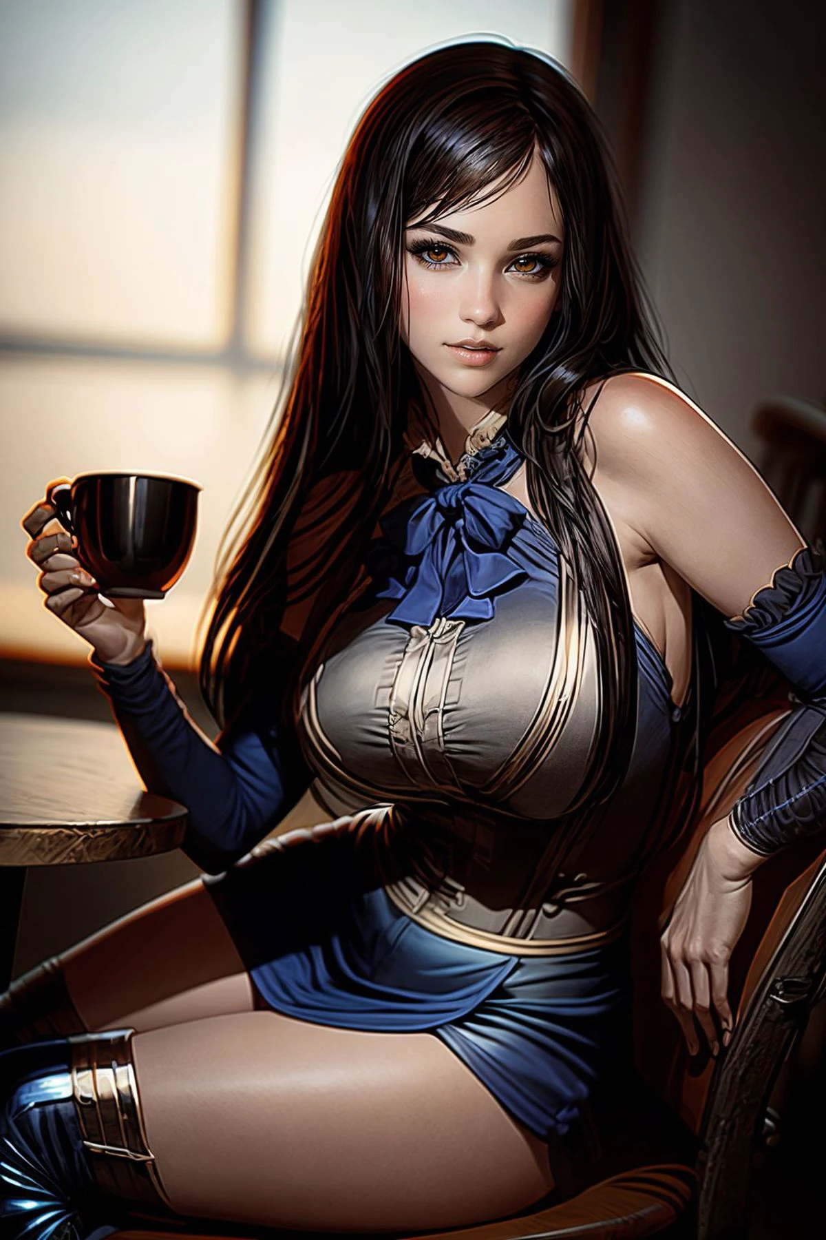 (best quality, masterpiece), realistic, (perfect detailed face), detailed bright eyes, good lit detailed skin, 1girl, (curvy), on chair, inside a coffee restaurant, holding a cup, (dim:0.5), (low key:0.5), lying sexy pose, snha <lora:epi_noiseoffset2:1> <lora:more_details:0.5> <lora:add_sharpness:1.5> <lora:rec:1.25> <lora:Castlevania_OoE_Shanoa:0.7>