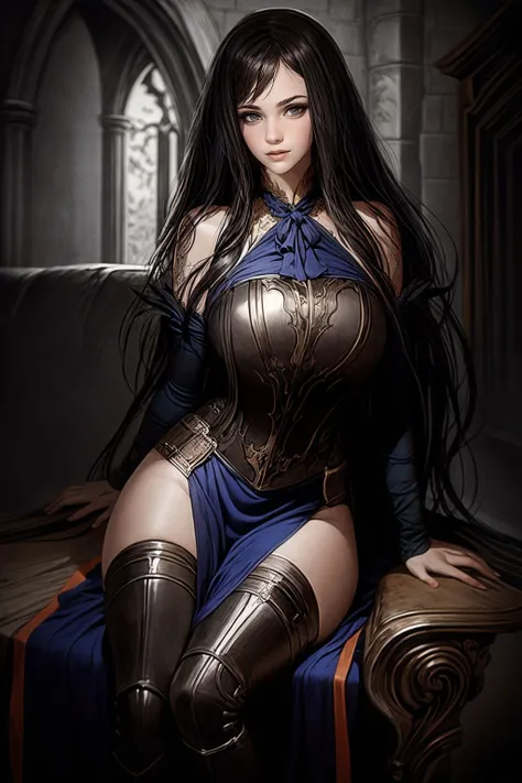 "(masterpiece 1.3, best quality, 8k, sharp focus, depth of field, best shadows, perfect lights, HDR, realistic skin texture, ultra-detailed, detailed background)", photorealistic, RAW photo, An Empress (1 woman, long black hair, blue eyes, white skin, small breasts, old Korea), in a cruel sexy mistress bustier, leather, one-piece, black and blue, in her royal chambers, intimidating,