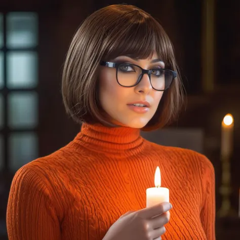 Velma1024, a woman, brunette, big breast, glasses, orange tutrleneck spooked, ghost, night, haunted castle, candles, detailed eyes, photography, highly detailed, sharp focus, trending on artstation, studio photo, intricate details, highly detailed, by greg rutkowski <lora:Velma1024-000190:0.8>