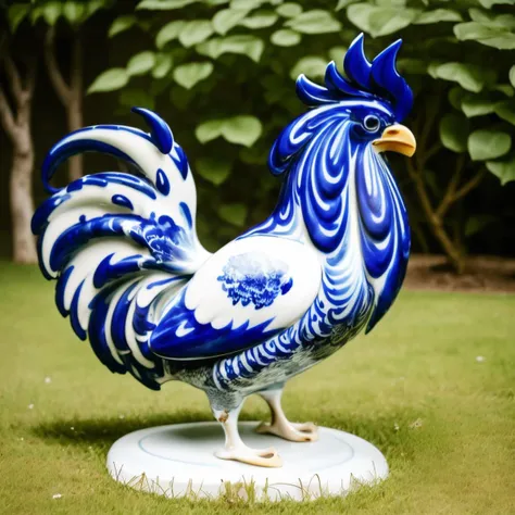 a (bwporcelaincd, porcelain, shiny) rooster, (solo:1.2), standing in lawn, <lora:bwporcelaincd-000016:1.0>, no humans, high quality, masterpiece, realistic, photorealistic, long-focus, (outdoors)