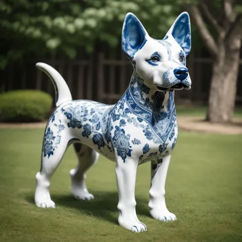 a (bwporcelaincd, porcelain, shiny) dog, (solo:1.2), standing in lawn, <lora:bwporcelaincd-000016:1.0>, no humans, high quality, masterpiece, realistic, photorealistic, long-focus, (outdoors)
