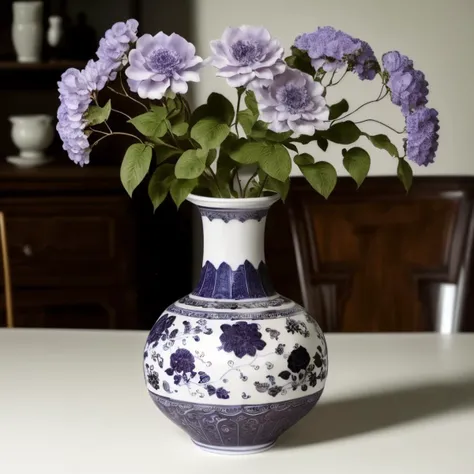 a (bwporcelaincd, porcelain, shiny:1.2) vase, flower inserted into the vase, (solo:1.2), <lora:bwporcelaincd-000016:0.8>, no humans, high quality, masterpiece, realistic, photorealistic, long-focus, (indoors, on table:1.2)