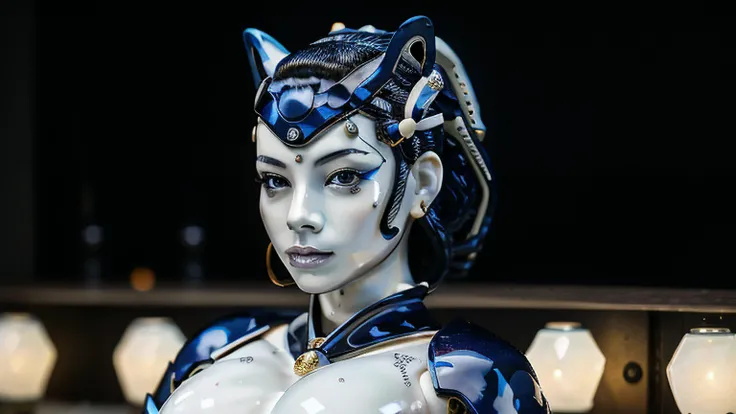 cinematic portrait of a a female geisha cyborg, made of (porcelain:1.2), (shiny:1.3), In the cyberpunk world, a seductive female robot, blue and white porcelain, shiny:1.3, (solo:1.3) upper body, mechanical face, humanoid robot, cute, cutie, highly detailed, epic, gorgeous, high resolution, perfect lighting, finely detail, extremely detailed, ultra detailed, realistic, photorealistic, real, studio photo, 8k uhd, dsir, soft lighting, high quality, <lora:bwporcelaincd:1>