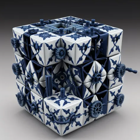 isometric, (cube containing a complex porcelain machine), cutaway, pattern by <lora:bwporcelaincd-000006:0.7>, bwporcelaincd, (cables, gears, springs), (bright:1.2, vivid) highly detailed, 4k uhd, 8k, octane render, centred subject