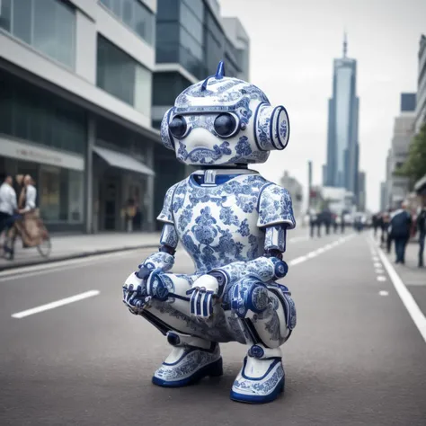 a (bwporcelaincd, porcelain, shiny:1.2) cute robot, (solo:1.2), squatting in street, hand up, <lora:bwporcelaincd-000016:0.9>, no humans, high quality, masterpiece, realistic, photorealistic, long-focus, (outdoors, cityscape)