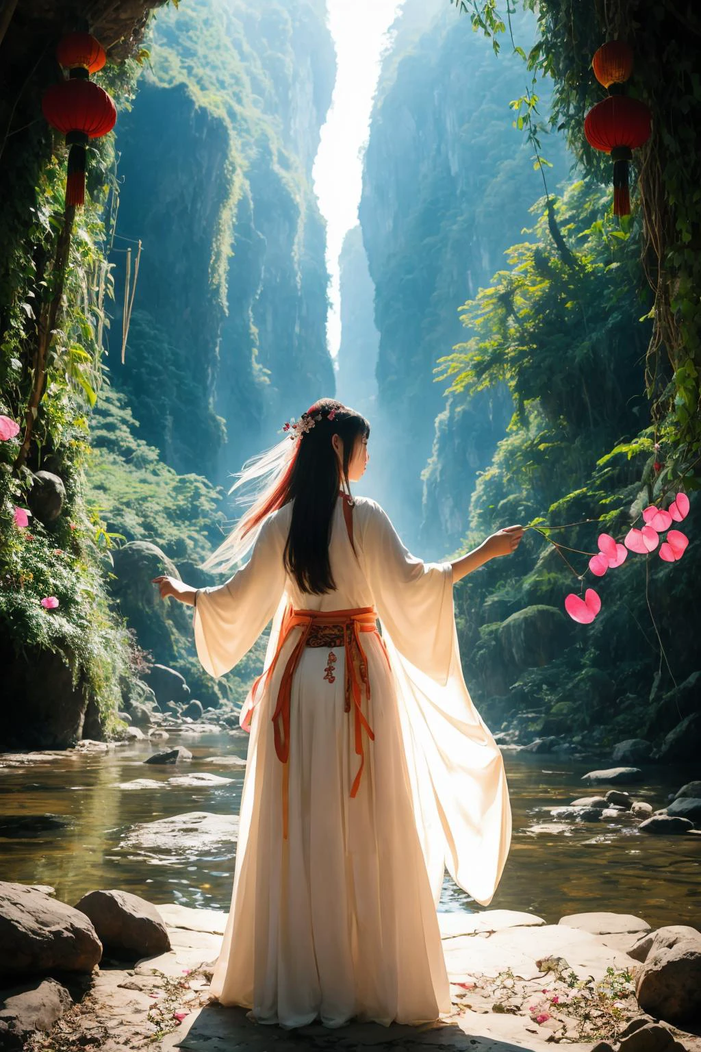 ((1girl,Chinese, with her flowing hair adorned with beautiful hair ornaments, standing among the flying petals, a majestic dragon wound around her)),((best quality)),((Representative)),(Realistic),The shooting angle is a bird's-eye view.,
An 18-year-old girl in an elegant Chinese costume,Her flowing hair is elegantly embellished with glamorous hair accessories,be captivated by this charming sight,As the petals swing around her in the wind,A majestic dragon wraps its meandering body around her,Created a fabulous seduction scene,Immerse yourself in the deepest jungle river in a rainforest village,Lush greenery and vibrant plants surround them,Full of ancient mysticism,Snow peaks plunge into the sky,The soft light illuminates the girl's face,Cast gentle shadows,Capture the beauty of her empty spirit,Scenery and distant neon lights add a touch of magic from afar,Create a fantastic atmosphere,The blurred background further enhances the quality of the film,Attracted attention to ornate and ultra-detailed composition,Prepare to be captivated by the seamless fusion of natural elements and fantasy in this masterpiece of art,
<lora:add_detail:0.7>,
<lora:smokeanywhere:0.6>,smokeanywhere,colorful smoke,
<lora:tangStyle5:0.7>,hanfu,
<lora:long:0.7>,long,
<lora:v~:0.6>,flower