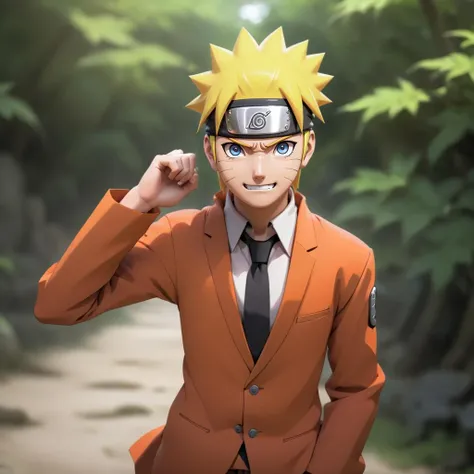 naruto is similing in a suit,  <lora:narutov2:0.5>, (suit:1), (smile:1)