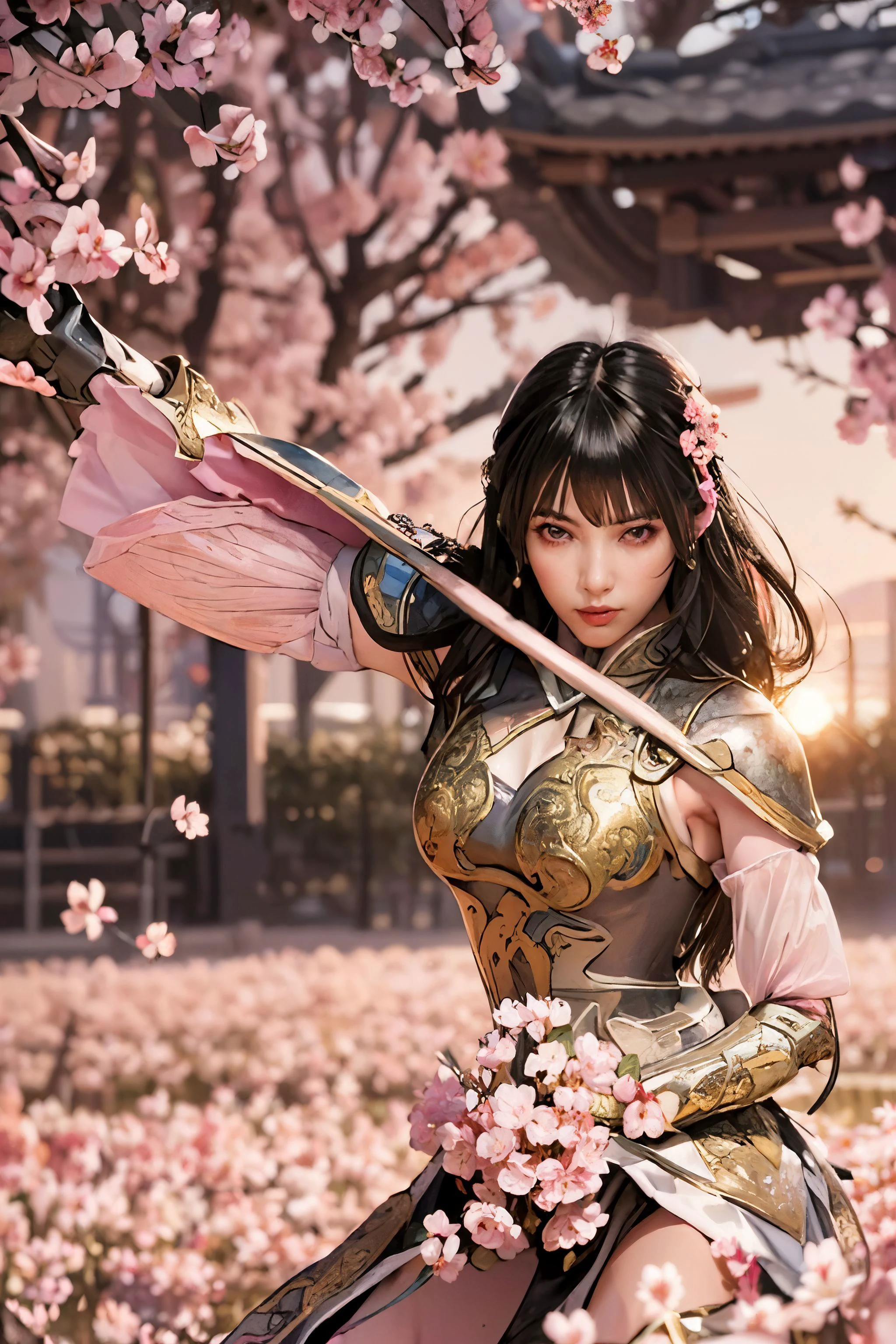 (masterpiece:1.3), (realistic:1.2), (extremely detailed CG:1.0), (intricate details:1.2), (1girl,:1.3) (pale skin:1.1), symmetrical background, blurry background, (perfect anatomy:1.2), lustful expression, <lora:xingcaiDynastyWarriors_v10:0.7>, long black hair, wearing a pink and blue armor dress, dynamic pose, ((in a pink sakura garden at sunset)), golden hour, rim light, low light