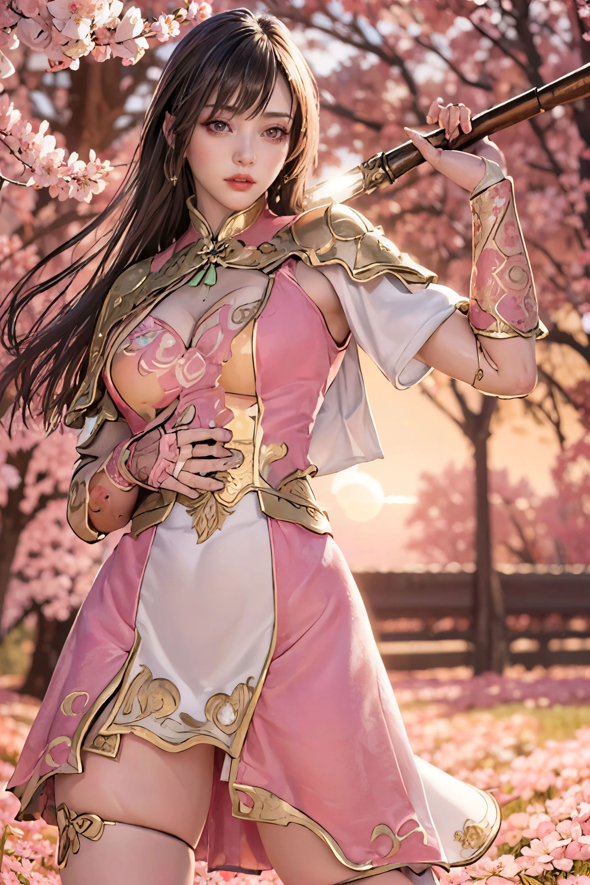 (masterpiece:1.3), (realistic:1.2), (extremely detailed CG:1.0), (intricate details:1.2), (1girl,:1.3) (pale skin:1.1), symmetrical background, blurry background, (perfect anatomy:1.2), lustful expression, <lora:sunshangxiangDynastyWarriors_v10:0.7>, long black hair, wearing a pink and blue armor dress, dynamic pose, ((in a pink sakura garden at sunset)), golden hour, rim light, low light