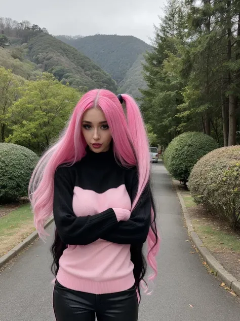 Alyri, Black Pants, Pink Sweater, lips, lipstick, long hair, looking at viewer, makeup, pink hair, solo, standing, nature background <lora:Alyri:0.8>