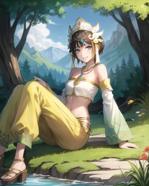 best quality, (masterpiece:1.2), illustration, absurdres,
(1girl, solo), (beautiful detailed girl),
<lora:Sanzang-08:0.8>, Sanzang Fashi, light brown hair, blue eyes, (flat chest:1.1),
yellow headdress, bare shoulders, jewelry, necklace, yellow tube top, midriff, detached sleeves, pants, sandals,
looking at viewer, (happy, smile:1.1),
grassy mountains, trees, chinese architecture, chinese terrain, river, plants,
((sitting)), cowboy shot,