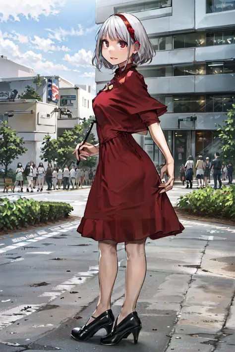 masterpiece, best quality, ultra-detailed, illustration, 1girl, looking at viewer, white hair, large red dress, yomu \(sgt epper\), <lora:YomStyle-000010:1>