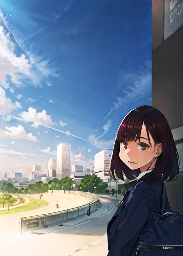 masterpiece, best quality, ultra-detailed, illustration, 1girl, looking at viewer, city background, pink hair, yomu \(sgt epper\), <lora:YomStyle-000010:1>