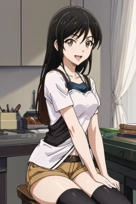 best quality, masterpiece, highres, solo, {ashisu_sahoto_mangakasantoassistantsanto:1.15}, long_hair, black_hair, brown_eyes, 1girl, sitting, thighhighs, brown_hair, smile, black_thighhighs, open_mouth, shorts