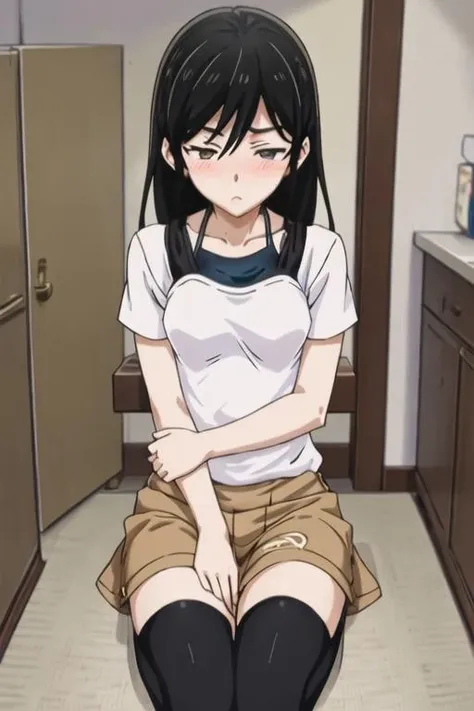 1girl, maki, solo, purple eyes, medium hair, black hair, expressionless, dress, short sleeves, (muscular female:0.7), looking at viewer, cowboy shot, on bed, (spread legs), <lora:maki-06-2:0.9>, room