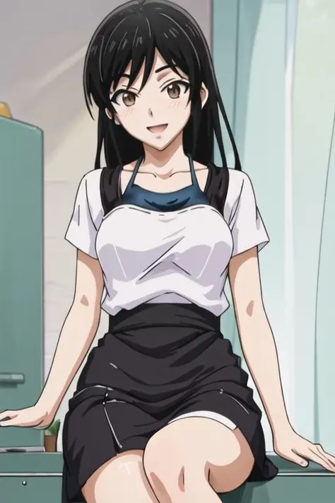 best quality, masterpiece, highres, solo, {ashisu_sahoto_mangakasantoassistantsanto:1.15}, long_hair, black_hair, brown_eyes, 1girl, blush, open_mouth, smile