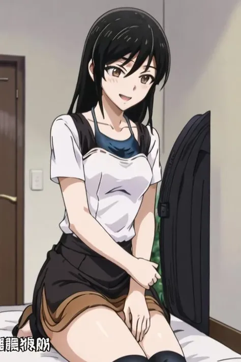 best quality, masterpiece, highres, solo, {ashisu_sahoto_mangakasantoassistantsanto:1.15}, long_hair, black_hair, brown_eyes, 1girl, blush, closed_eyes, parody, smile, open_mouth