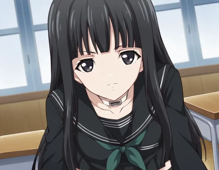 score_9, score_8_up, score_7_up, source_anime,
rinnebyakuya, <lora:rinne-byakuya-ponyxl-lora-nochekaiser:1>
rinne byakuya, long hair, bangs, black hair, black eyes, blunt bangs,
skirt, thighhighs, long sleeves, school uniform, serafuku, choker, black thighhighs, black skirt, collar, zettai ryouiki, black serafuku,
indoors, classroom, bent over,
looking at viewer, dutch angle, cowboy shot,