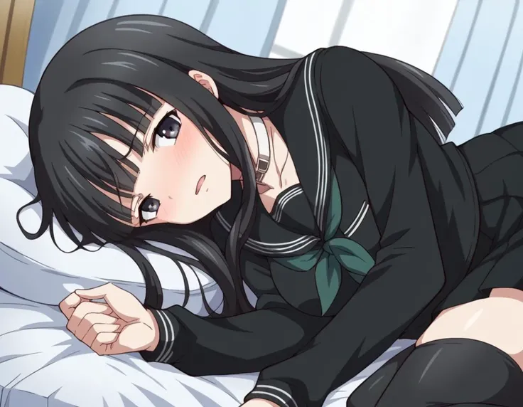 score_9, score_8_up, score_7_up, source_anime,
rinnebyakuya, <lora:rinne-byakuya-ponyxl-lora-nochekaiser:1>
rinne byakuya, long hair, bangs, black hair, black eyes, blunt bangs,
skirt, thighhighs, long sleeves, school uniform, serafuku, choker, black thighhighs, black skirt, collar, zettai ryouiki, black serafuku,
indoors, bed, bed room, on side, blush, drunk,
looking at viewer, dutch angle, cowboy shot,
