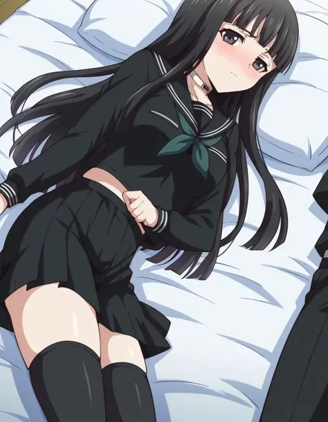 score_9, score_8_up, score_7_up, source_anime,
rinnebyakuya, <lora:rinne-byakuya-ponyxl-lora-nochekaiser:1>
rinne byakuya, long hair, bangs, black hair, black eyes, blunt bangs,
skirt, thighhighs, long sleeves, school uniform, serafuku, choker, black thighhighs, black skirt, collar, zettai ryouiki, black serafuku,
indoors, bed, bed room, on side, blush, drunk,
looking at viewer, dutch angle, cowboy shot,