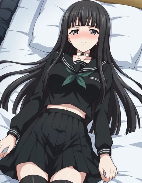 score_9, score_8_up, score_7_up, source_anime,
rinnebyakuya, <lora:rinne-byakuya-ponyxl-lora-nochekaiser:1>
rinne byakuya, long hair, bangs, black hair, black eyes, blunt bangs,
skirt, thighhighs, long sleeves, school uniform, serafuku, choker, black thighhighs, black skirt, collar, zettai ryouiki, black serafuku,
indoors, bed, bed room, on side, blush, drunk,
looking at viewer, dutch angle, cowboy shot,
