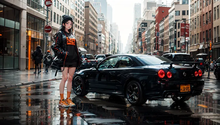 (masterpiece, best quality, absurdres), 1girl standing next to a car, long hair, black hair, beanie, athletic outfit, orange socks , sneakers, cyberpunk, science fiction, retrowave lights, cinematic lighting, daytime, city, on street, heavy rain, , wide shot <lora:skylineR34:0.6>, orange CAR, Nissan skyliner34,