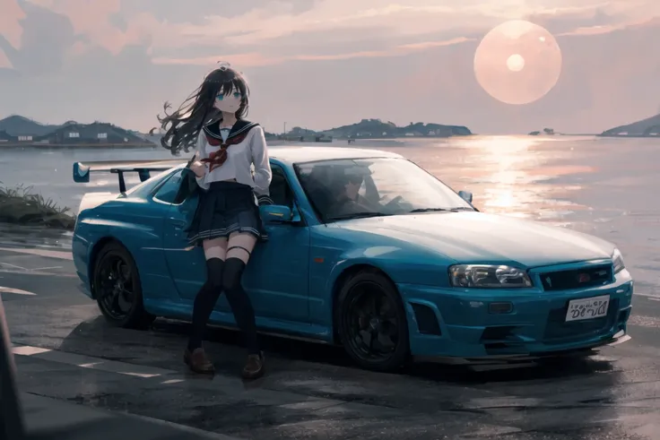 ((masterpiece, best quality)), ((1girl)), (1girl:1), [car], solo,  sitting , sidelocks, aqua eyes, bangs, hair between eyes,  looking at viewer,  long sleeves,bright,beautiful detailed sky, light,[motor vehicle],[ground vehicle], sports car, black sailor collar, black serafuku, long hair, black hair, black thighhighs, Pleated skirt, brown footwear, vehicle focus,  <lora:skylineR34-000014:0.8>