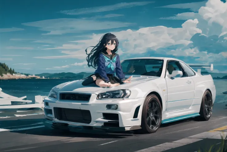 ((masterpiece, best quality)), ((1girl)), (1girl:1), [car], solo,  sitting , sidelocks, aqua eyes, bangs, hair between eyes,  looking at viewer,  long sleeves,bright,beautiful detailed sky, river,blue water,wild,outdoors , seaside,light,[motor vehicle],[ground vehicle], sports car, black sailor collar, black serafuku, long hair, black hair, black thighhighs, Pleated skirt, brown footwear, vehicle focus,  <lora:skylineR34-000014:0.8>