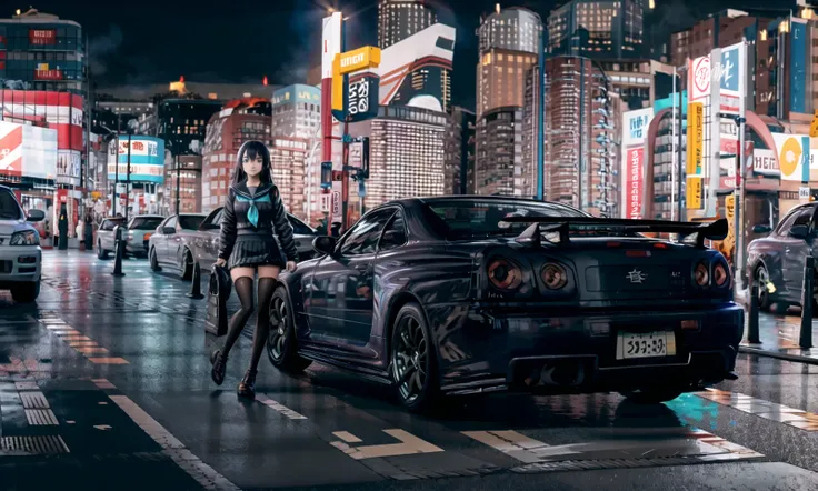 (1girl:1.5), ((masterpiece, best quality)), [car], solo, (girl stand in front of car),sitting , sidelocks, aqua eyes, bangs, hair between eyes, looking at viewer, long sleeves,bright,neon lights,night,midnight,city,cyberpunk,light,[motor vehicle],[ground vehicle], sports car, black sailor collar, black serafuku, long hair, black hair, black thighhighs, Pleated skirt, brown footwear, vehicle focus, <lora:theovercomer8sContrastFix_sd15:0.8> <lora:nissanSkylineGTRR34_v10:1> <lora:hipoly3DModelLora_v10:0.5>