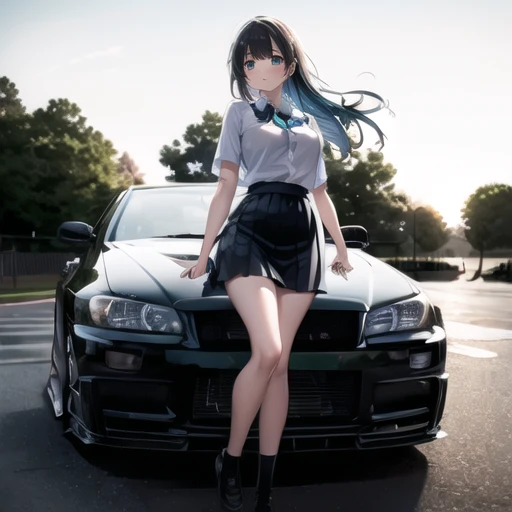 ((masterpiece, best quality)),extremely_detailed_wallpaper, illustration,1girl,(girl:1),standing, solo, (fullbody),(((girl stand in front of car))),sidelocks, aqua eyes,beautiful detailed sky,spring,seaside,aqua water,green trees,outdoors, long hair, black hair, black car, Pleated skirt, <lora:skylineR34-000014:0.9>, sunset:1.2, focus on car, school uniform,