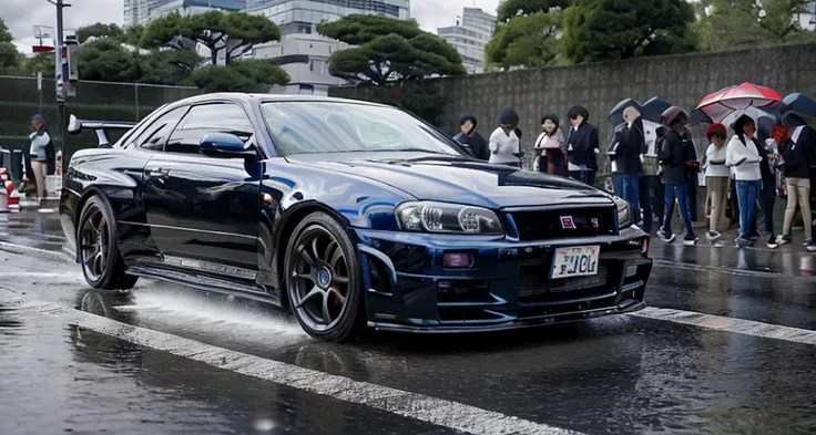 masterpiece,best quality,official art,extremely detailed CG unity 8k wallpaper,illustration,day, cloudy, sky, light, Evening,1car, sports car, skylineR34, Slow shutter photos,rain,vehicle focus, road, need for speed,wet, On the streets of tokyo,moving fast,Close up of the side of the car,<lora:nissanSkylineGTRR34_v10:0.8>