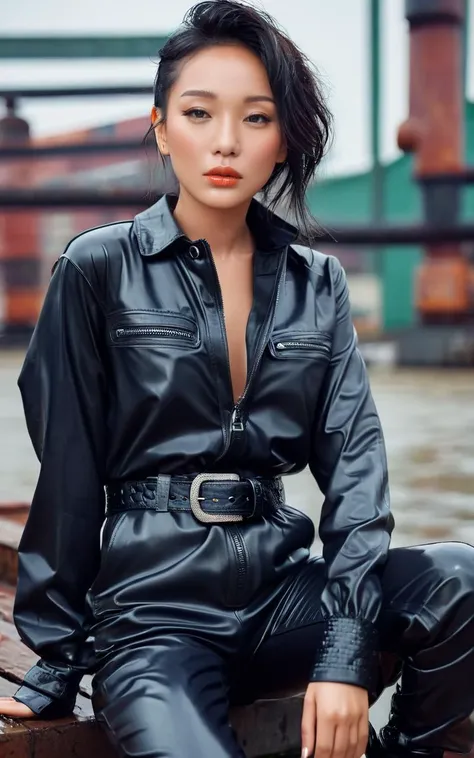 high definition photo,ultra detailed skin,ultra detailed face,wet skin,<lora:xunge_XL_0_:1>,xunge,(Industrial-style_jumpsuit:1.4),(Leather_ankle_boots:1.3),(Statement_belt:1.2),1girl,portrait,outdoors,sitting,