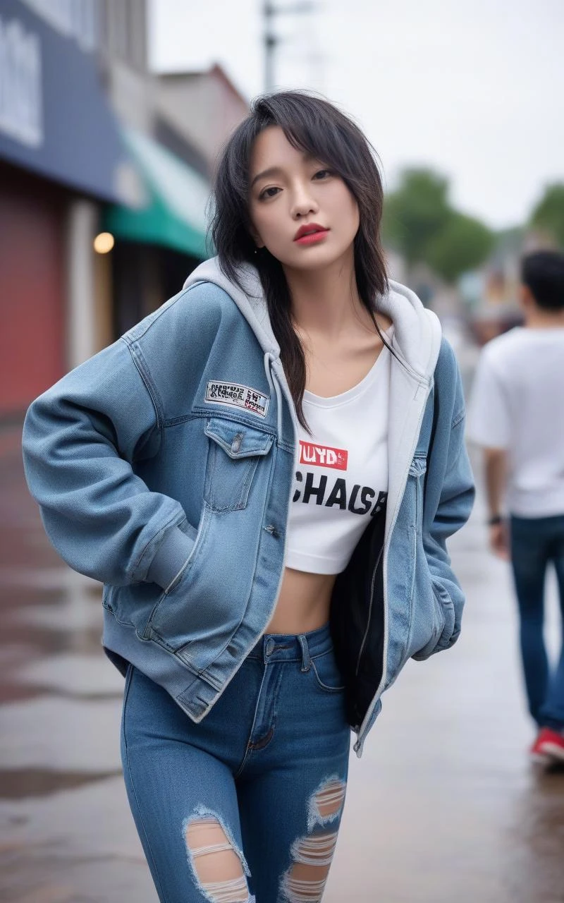 UHD, 4k, ultra detailed, cinematic, a photograph of high definition photo,ultra detailed skin,ultra detailed face,wet skin,<lora:xunge_XL_0_:1>,xunge,(Street_art_inspired_hoodie:1.4),(Distressed_jeans:1.3),(High-top_sneakers:1.2),cowboy_shot,1girl,actress portrait,outdoors,, epic, beautiful lighting, inpsiring