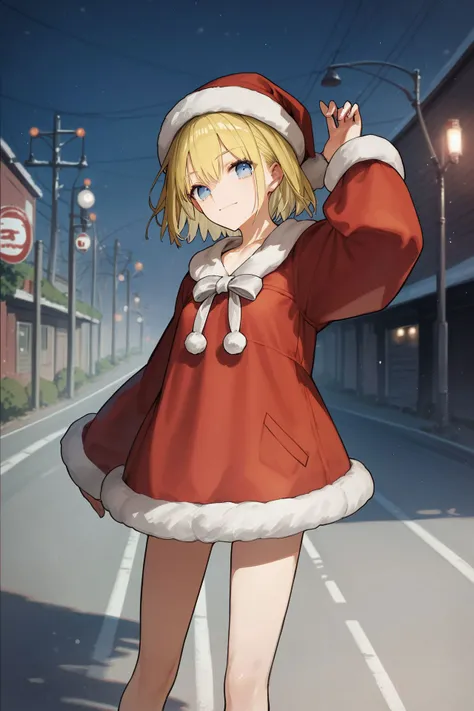 score_9, score_8_up, score_7_up, 1girl, looking at viewer, arm_up, :3, yellow hair, single hair intake, blue eyes, small breasts, dark purple santa costume, no light, highway, panorama <lora:wada_arco_PonyXL_style_v01:1>